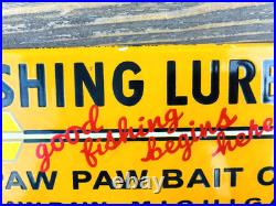 Vintage Paw Paw Bait Co. Fishing Lures Oil Gasoline Porcelain Advertising Sign Vintage Paw Paw Bait Co. Fishing Lures Oil Gasoline Porcelain Advertising Sign