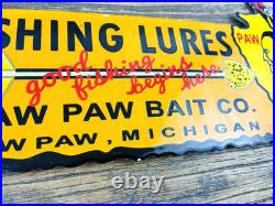 Vintage Paw Paw Bait Co. Fishing Lures Oil Gasoline Porcelain Advertising Sign