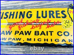 Vintage Paw Paw Bait Co. Fishing Lures Oil Gasoline Porcelain Advertising Sign