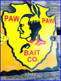 Vintage Paw Paw Bait Co. Fishing Lures Oil Gasoline Porcelain Advertising Sign