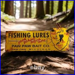 Vintage Paw Paw Bait Porcelain Sign Fishing Bait Lures Bass Michigan Gas Oil