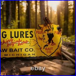 Vintage Paw Paw Bait Porcelain Sign Fishing Bait Lures Bass Michigan Gas Oil