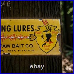 Vintage Paw Paw Bait Porcelain Sign Fishing Bait Lures Bass Michigan Gas Oil