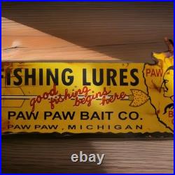 Vintage Paw Paw Bait Porcelain Sign Fishing Bait Lures Bass Michigan Gas Oil
