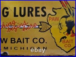 Vintage Paw Paw Bait Porcelain Sign Fishing Bait Lures Bass Michigan Gas Oil