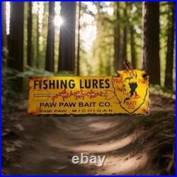 Vintage Paw Paw Bait Porcelain Sign Fishing Bait Lures Bass Michigan Gas Oil