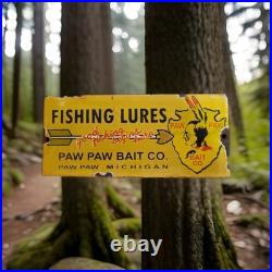 Vintage Paw Paw Bait Porcelain Sign Fishing Bait Lures Bass Michigan Gas Oil