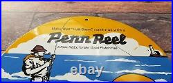 Vintage Penn Reels Porcelain Fish Stories Tackle Service Gas Pump Lures Sign