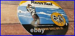 Vintage Penn Reels Porcelain Fish Stories Tackle Service Gas Pump Lures Sign