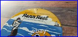 Vintage Penn Reels Porcelain Fish Stories Tackle Service Gas Pump Lures Sign