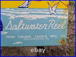 Vintage Penn Saltwater Reel Fishing Porcelain Metal Sporting Goods Sign