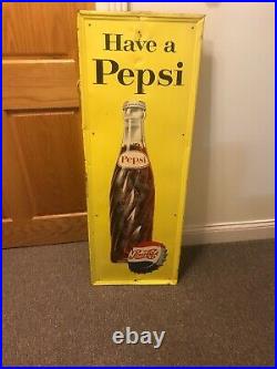 Vintage Pepsi-Cola Vertical Metal Bottle Sign Yellow 1959 Embossed 46 X 16 1/2