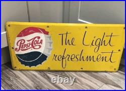 Vintage Pepsi Metal Sign 1950's The Light Refreshment Soda Pop Green Back Vintage Pepsi Metal Sign 1950's The Light Refreshment Soda Pop Green Back