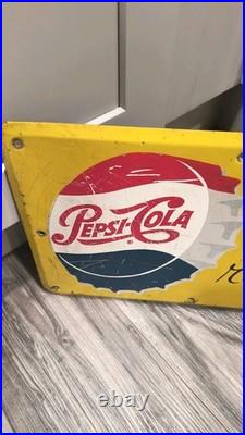 Vintage Pepsi Metal Sign 1950's The Light Refreshment Soda Pop Green Back Vintage Pepsi Metal Sign 1950's The Light Refreshment Soda Pop Green Back