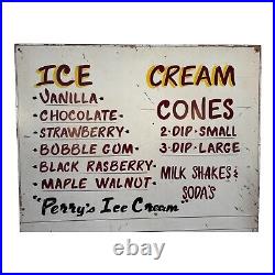 Vintage Perry's Ice Cream Advertising Store Sign on Painted Wood Americana