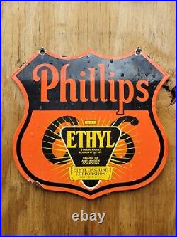 Vintage Phillips 66 Porcelain Sign Ethyl Gasoline Gas Station Truck Stop Shield