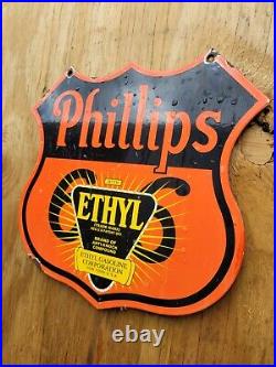 Vintage Phillips 66 Porcelain Sign Ethyl Gasoline Gas Station Truck Stop Shield