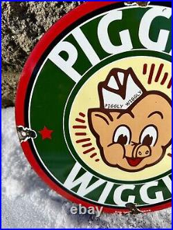 Vintage Piggly Wiggly Sign Grocery Store Gas Advertisin Porcelain Service Sign