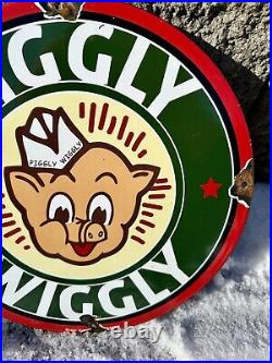 Vintage Piggly Wiggly Sign Grocery Store Gas Advertisin Porcelain Service Sign