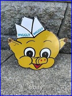 Vintage Piggly Wiggly Sign Grocery Store Gas Pump Porcelain Service Sign