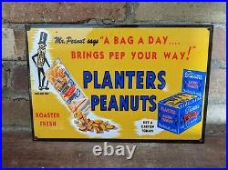 Vintage Planters Peanuts Porcelain Advertising Heavy Metal Sign 12 X 8