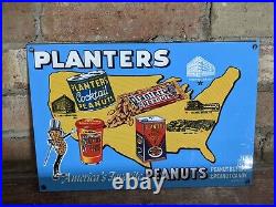 Vintage Planters Peanuts Snack Porcelain Advertising Heavy Metal Sign 12 X 8