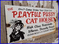 Vintage Playful Pussycat House Porcelain Sign Gentlemans Bar Brothel Club Gas