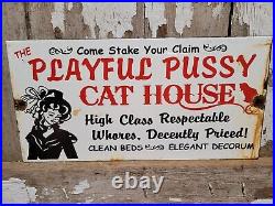 Vintage Playful Pussycat House Porcelain Sign Gentlemans Bar Brothel Club Gas