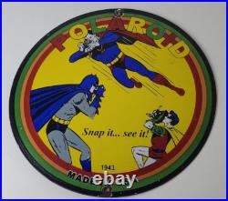 Vintage Polaroid Camera Sign Photos Superman Batman Gas Pump Porcelain Sign