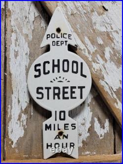 Vintage Police Department Porcelain Sign Old School Street Speed Zone Arrow Kid