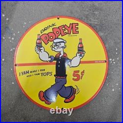 Vintage Popeye Drink Old Us Gasoline Oil Gas Pump Enamel Porcelain Sign