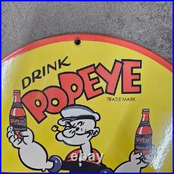 Vintage Popeye Drink Old Us Gasoline Oil Gas Pump Enamel Porcelain Sign
