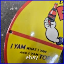 Vintage Popeye Drink Old Us Gasoline Oil Gas Pump Enamel Porcelain Sign