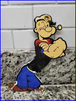 Vintage Popeye The Sailor Man Porcelain Sign Gas Station Oil Service Advertising