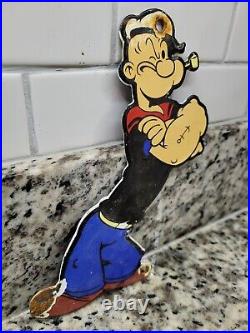Vintage Popeye The Sailor Man Porcelain Sign Gas Station Oil Service Advertising
