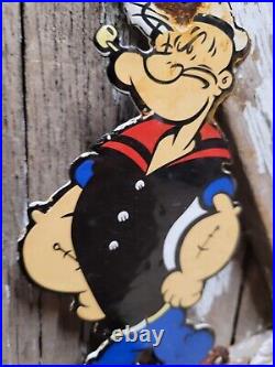 Vintage Popeye The Sailor Man Porcelain Sign Old Cartoon Gas Station Oil Service