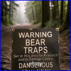 Vintage Porcelain Bear Trap Sign US Forestry Service Wildlife Gas Oil