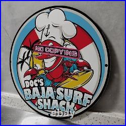 Vintage Porcelain Doc's Baja Surf Shack Red Sign Gas Station Motor Oil Garge