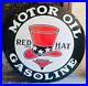 Vintage-Porcelain-Enamel-Motor-Oil-Red-Hat-Gasoline-48-Inch-Double-Sided-Sign-01-gigx