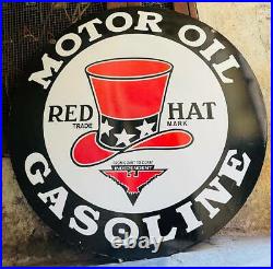 Vintage Porcelain Enamel Motor Oil Red Hat Gasoline 48 Inch Double Sided Sign
