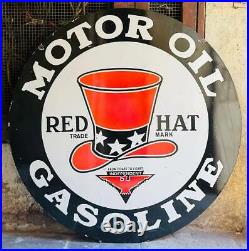 Vintage Porcelain Enamel Motor Oil Red Hat Gasoline 48 Inch Double Sided Sign