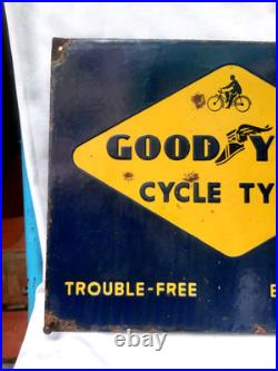 Vintage Porcelain Enamel Sign Good Year Cycle Tyre Double Side With Flange 1930
