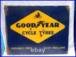 Vintage Porcelain Enamel Sign Good Year Cycle Tyre Double Side With Flange 1930