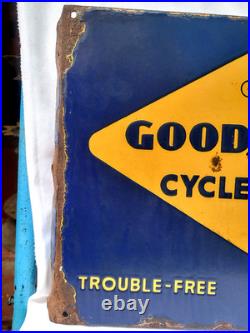 Vintage Porcelain Enamel Sign Good Year Cycle Tyre Double Side With Flange 1930
