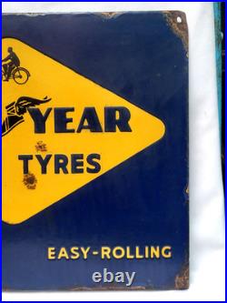 Vintage Porcelain Enamel Sign Good Year Cycle Tyre Double Side With Flange 1930
