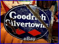 Vintage Porcelain Goodrich Silvertowns 24x19 Double Sided Flange Enamel Sign