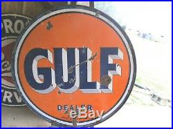 Vintage Porcelain Gulf Dealer Double Sided 65 Sign With Orig. Mount Ring