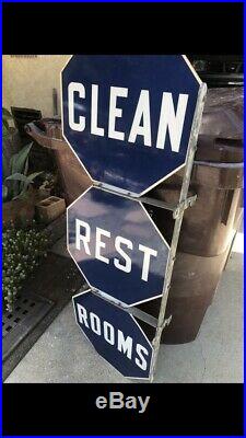 Vintage Porcelain Mobil Gas Station Sign CLEAN REST ROOMS With Original Bracket