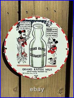 Vintage Porcelain Sign Grand Rapids Milk 1934 Mickey Mouse Disney Oil Old Gas