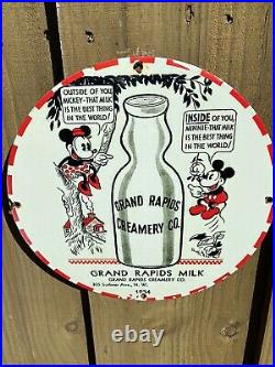 Vintage Porcelain Sign Grand Rapids Milk 1934 Mickey Mouse Disney Oil Old Gas